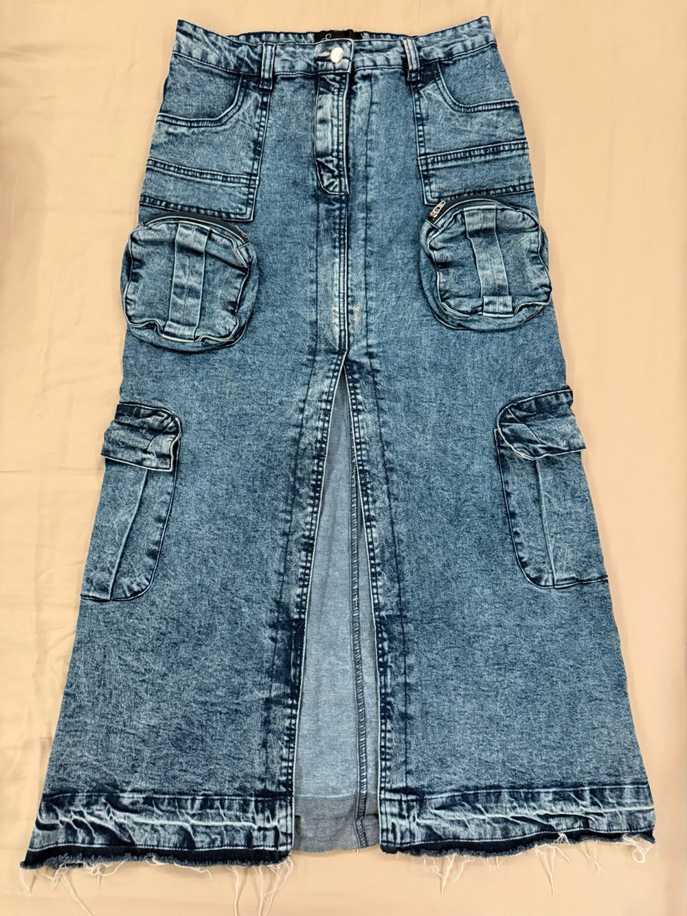 Spoon Jeans Acid Wash Utility Cargo Denim Maxi Skirt with Front Slit